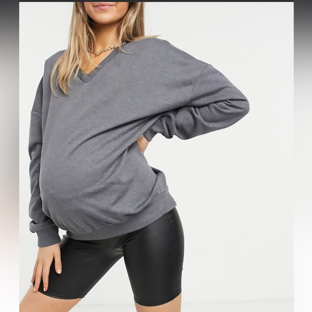 ASOS DESIGN Maternity oversized sweatshirt with drop v neck in charcoal heather